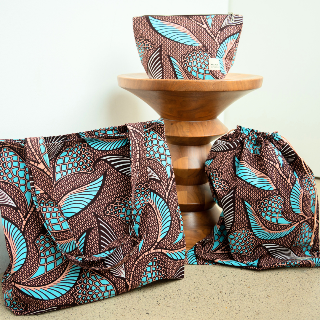 Set - Bag, Necessaire & Shoe Bag - Blue Leaves